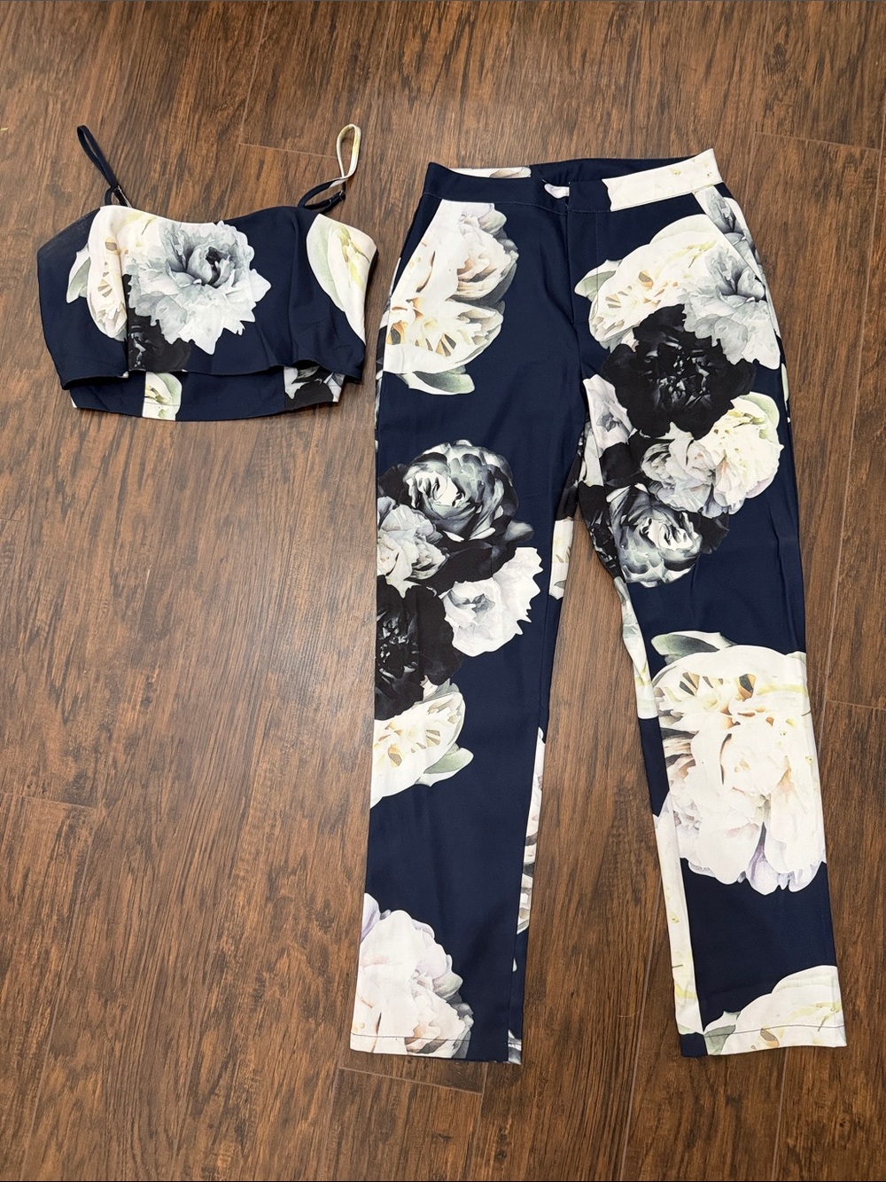 Luxxel Navy Floral Crop Top and High-Rise Pants Set